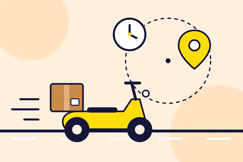 Ilustración de una moto de reparto con una caja, junto a un reloj y un pin de ubicación dentro de un radio punteado